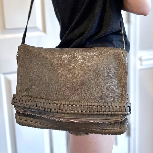 AllSaints Club Large Crossbody Bag Gray Pebbled Leather Whipstitch Detail - Picture 1 of 16